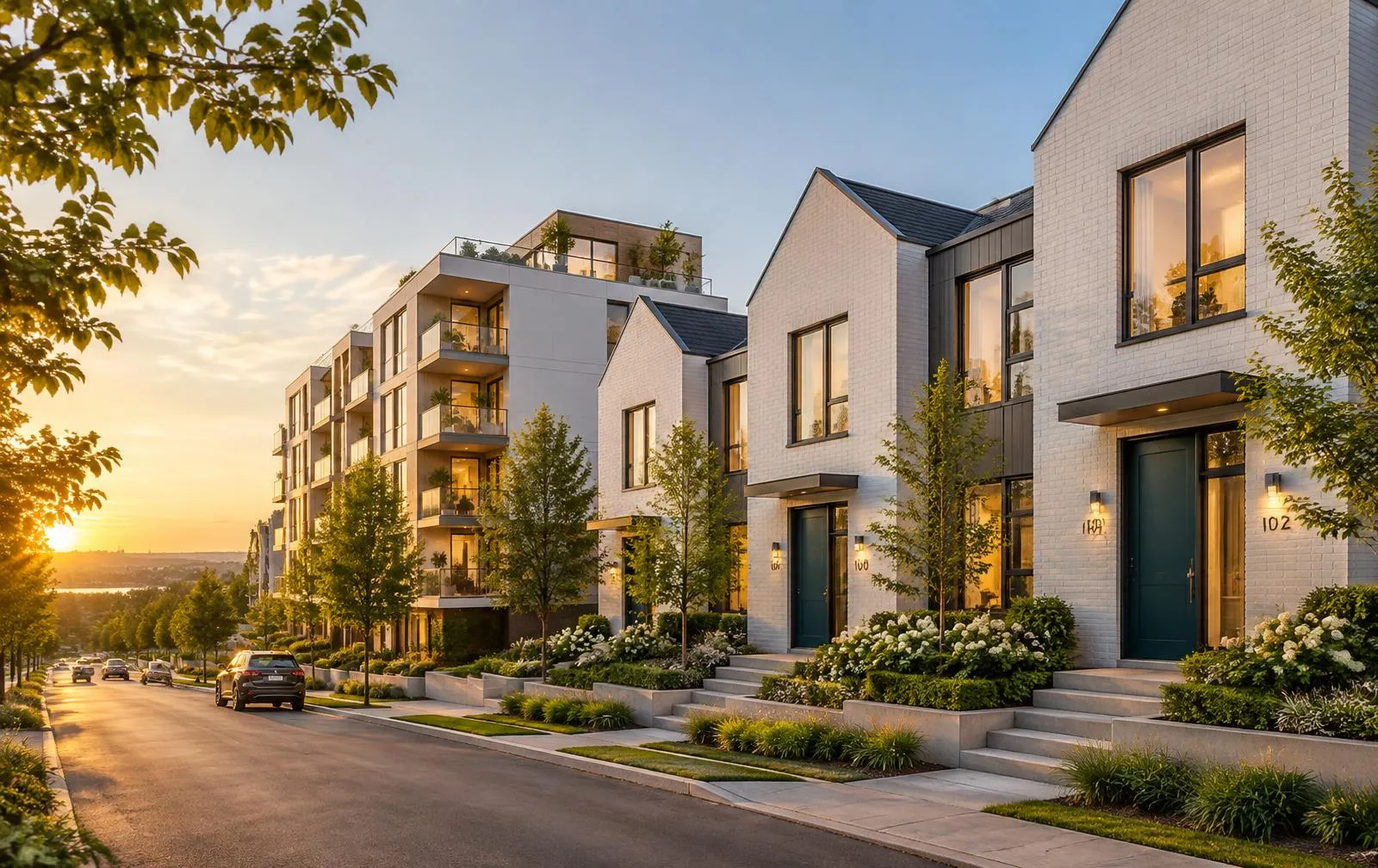 Modern townhouses and apartments on a quiet street at sunset